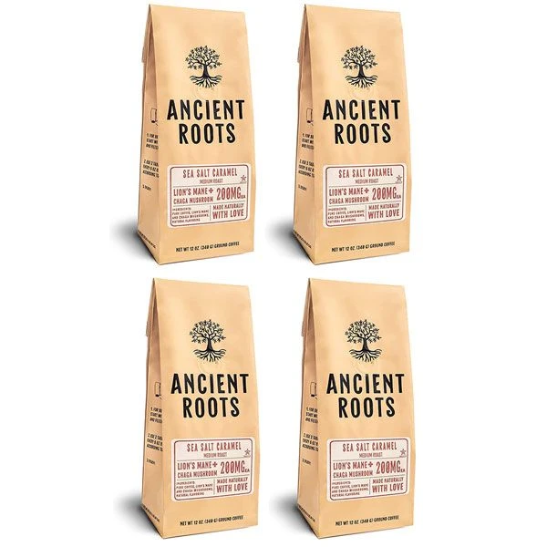 Ancient Roots Sea Salted Caramel Flavored Mushroom Medium Roast Ground Coffee, 4/12 Oz Bags 3 Ancient Roots Sea Salted Caramel Flavored Mushroom Medium Roast Ground Coffee, 4/12 Oz Bags